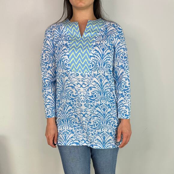 J.McLauglin Blue White & Green Patterned Lightweight Tunic Top - Picture 5 of 9